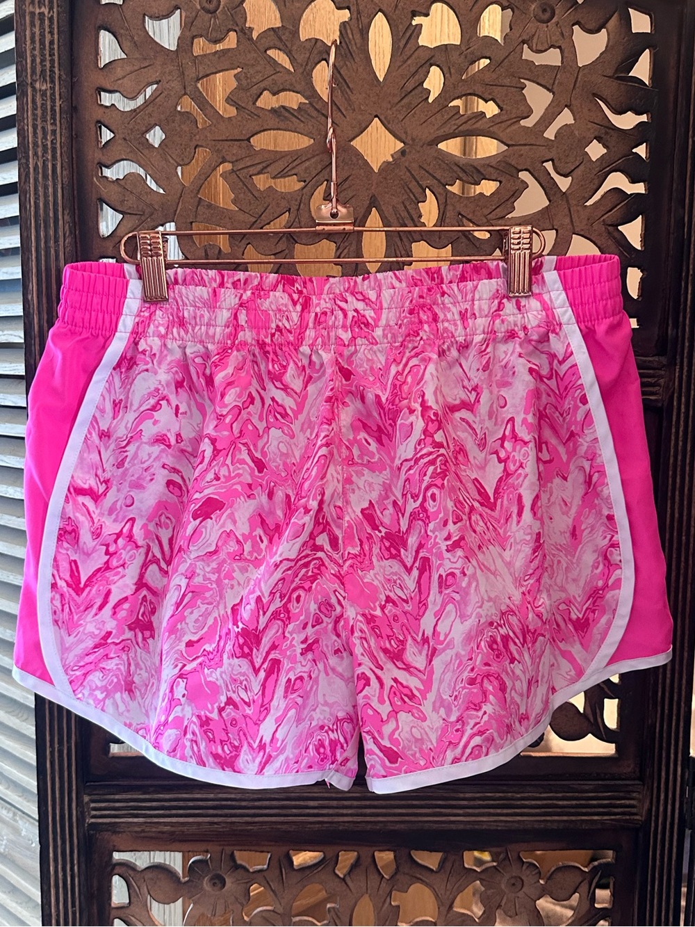 Activewear by Jennifer Lauren Pink Swirl Performance Athletic Workout Shorts.